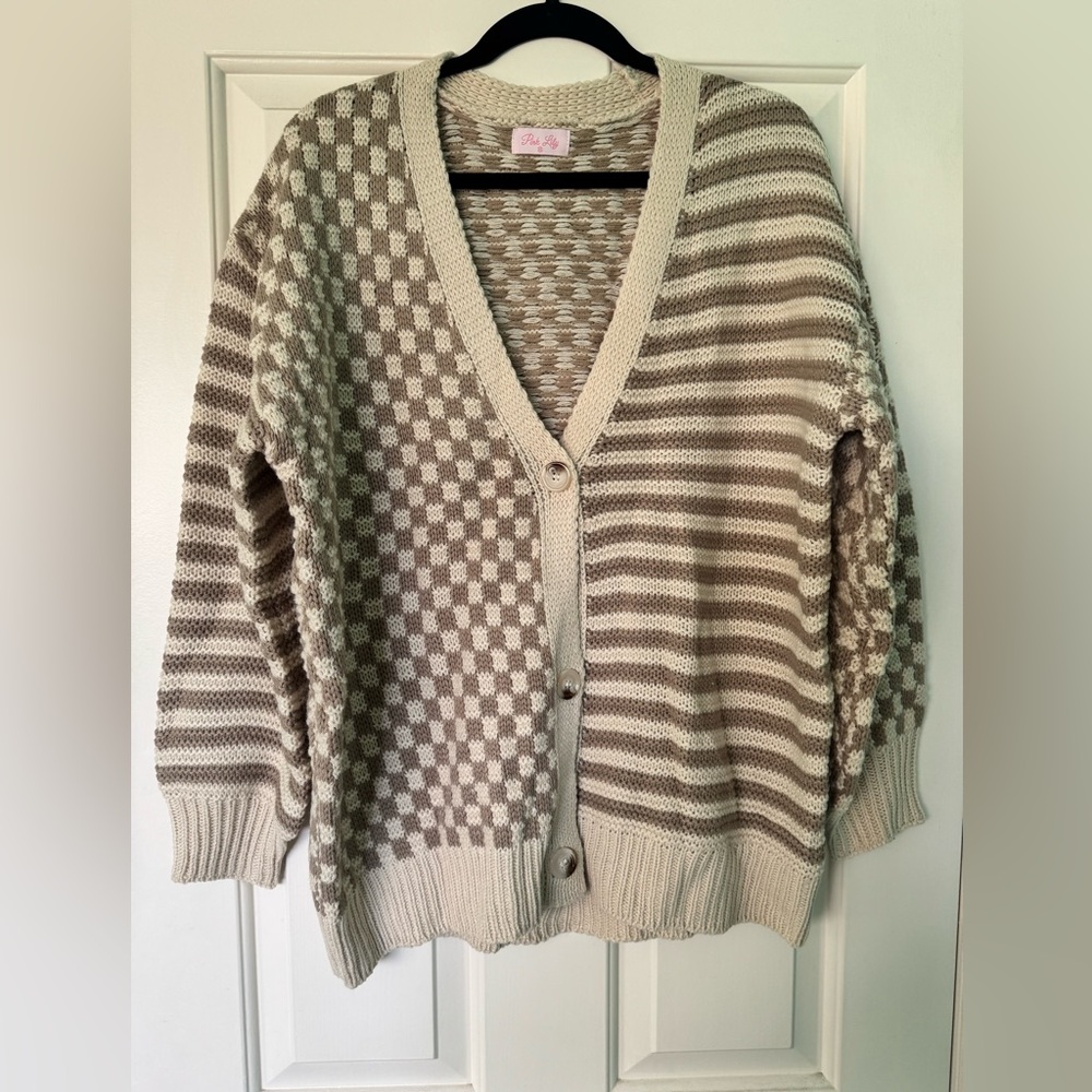 Pink Lily beige and white striped cardigan
